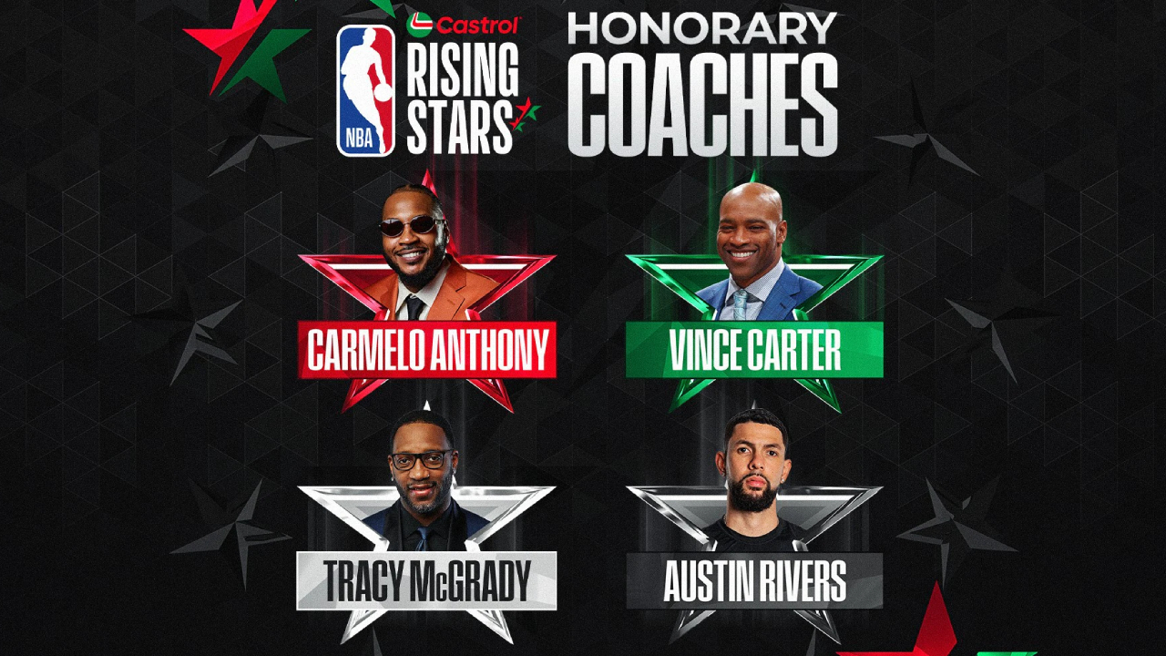 Carmelo Anthony, Vince Carter, dan Tracy McGrady bergabung dengan Austin Rivers sebagai empat pelatih kehormatan dalam ajang Castrol Rising Stars 2026. (Foto: NBA)