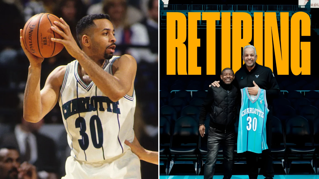 Dell Curry saat masih aktif bermain (kiri) dan saat berpose bersama legenda Hornets lainnya, Mugsy Bogues, sambil memegang jersey No.30 miliknya. (Foto: Facebook)