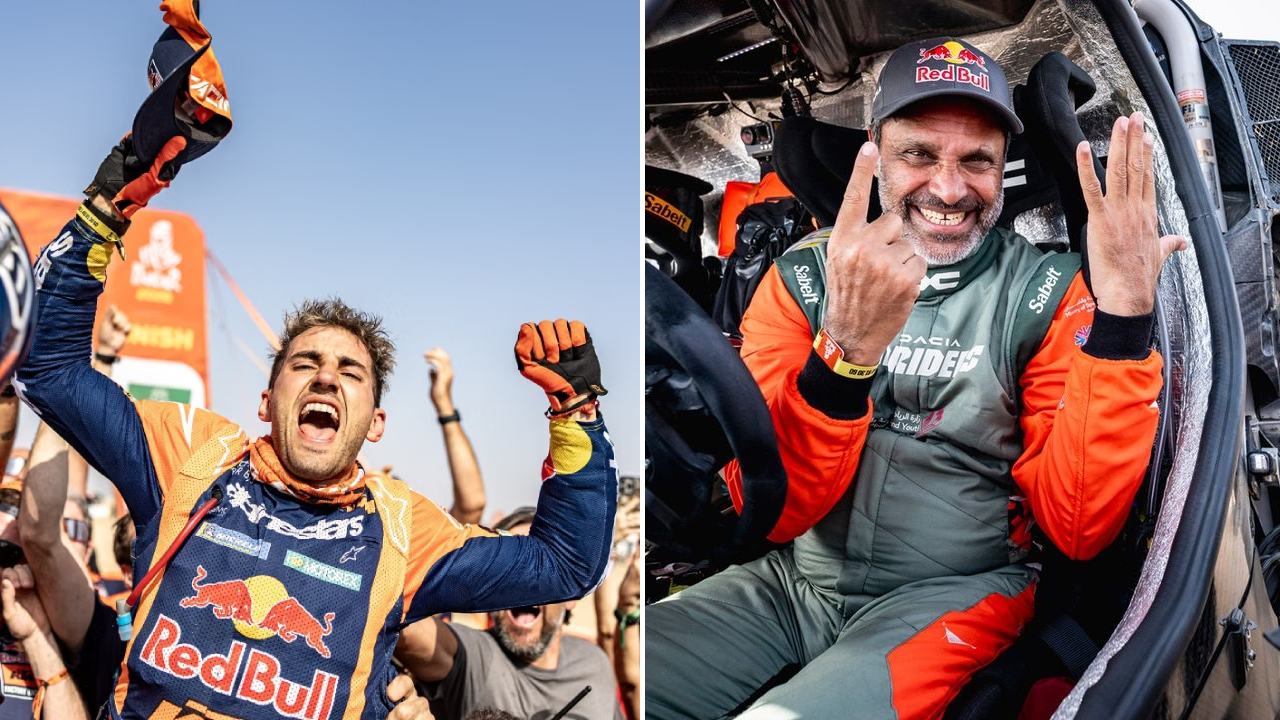 Luciano Benavides (kiri) dan Nasser Al-Attiyah melakukan selebrasi sebagai pemenang kategori motor dan mobil di Reli Dakar 2026. (Foto: AP)