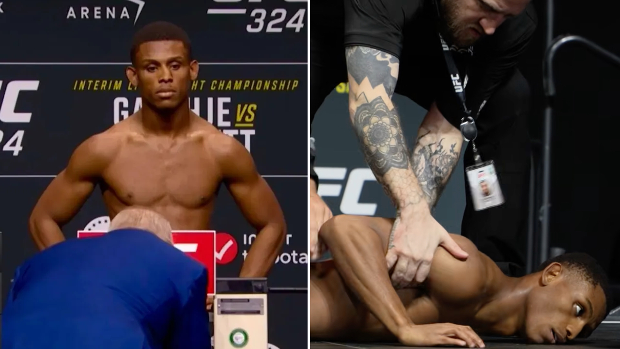 Hanya beberapa langkah setelah turun dari timbangan, Cameron Smotherman tiba-tiba kehilangan kesadaran dan terjatuh keras di atas panggung. (Foto: Fight TV)