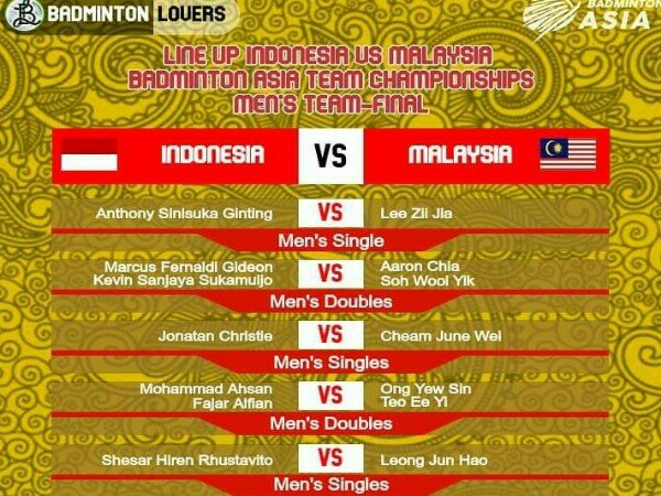 Berikut Line Up Indonesia vs Malaysia di Final Kejuaraan Beregu Asia 2020
