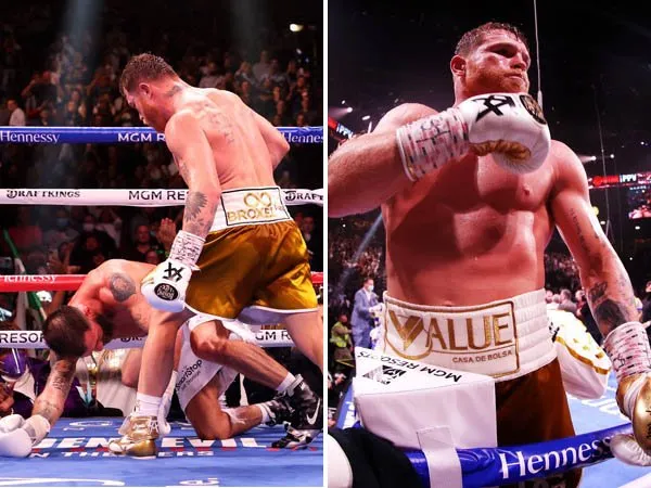 Alvaro Alvarez sukses dua kali menumbangkan Caleb Plant di ronde ke-11 sebelum akhirnya wasit menghentikan pertarungan (Sumber: Twitter)