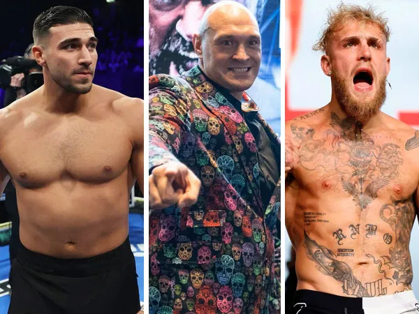 Tyson Fury (tengah) memasang taruhan sang adik Tommy Fury (kiri) akan meng-KO Jake Paul (Sumber Foto: Sportskeeda)
