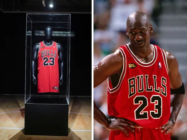 Jersey merah yang pernah dikenakan Michael Jordan ini memecahkan jersey basket termahal yang pernah dikenakan saat pertandingan. (Foto: Sotheby's, Getty)