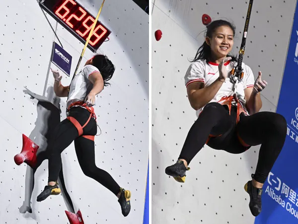Atlet panjat tebing Desak Made Rita Kusuma Dewi beraksi di final utama nomor speed putri di Asian Games Hangzhou. (Foto: Xinhua)