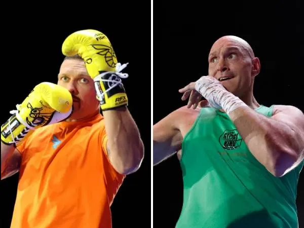 Oleksandr Usyk (kiri) dan Tyson Fury beraksi dalam latihan terbuka pada Rabu (15/5). (Foto: Ring TV)