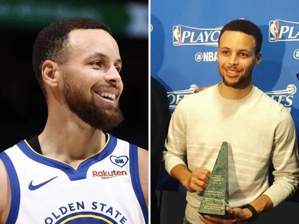 Dua gelar MVP dan Magic Johnson Award ini sangat menggarisbawahi kemampuan Stephen Curry yang mengesankan di lapangan sambil tetap menjadi sosok yang dicintai oleh media dan penggemar. Foto kanan adalah saat ia menerimanya pada 2016. (Foto: PBWA)
