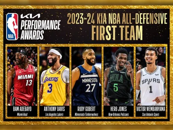 First-Team All-Defense 2023-24 terdiri dari Victor Wembanyama (paling kanan), Rudy Gobert, Bam Adebayo, Herb Jones, dan Anthony Davis. (Foto: X)