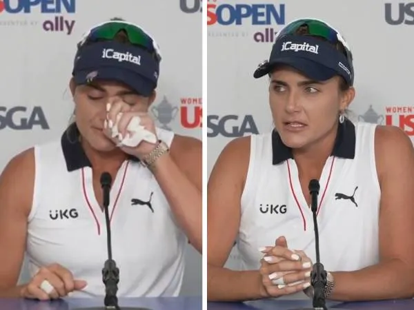 Lexi Thompson menitikkan air mata dalam konferensi pers usai gagal “cut” ke putaran ketiga US Women's Open. (Foto: LPGA)