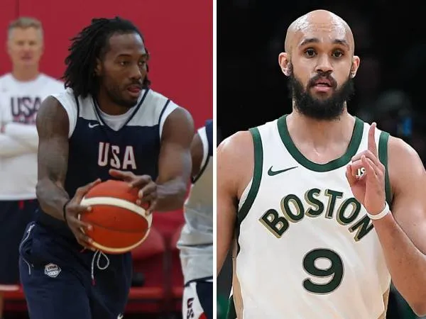 Kawhi Leonard (kiri) dan Derrick White. (Foto: AP)