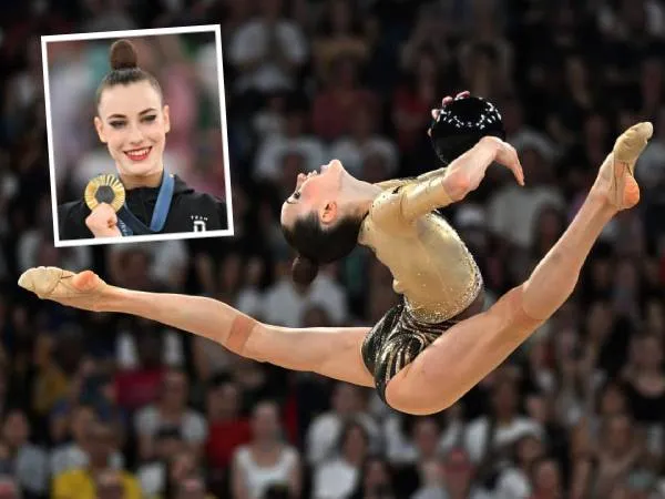 Darja Varfolomeev mendominasi kompetisi senam ritmik di Olimpiade Paris dengan semua alat yang ada, mulai dari simpai, bola, gada, dan pita. (Foto: Xinhua)