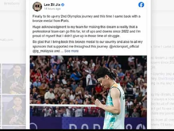 Lee Zii Jia Ucapkan Terimakasih Kepada Para Pendukung Atas Raihan Perunggu Olimpiade