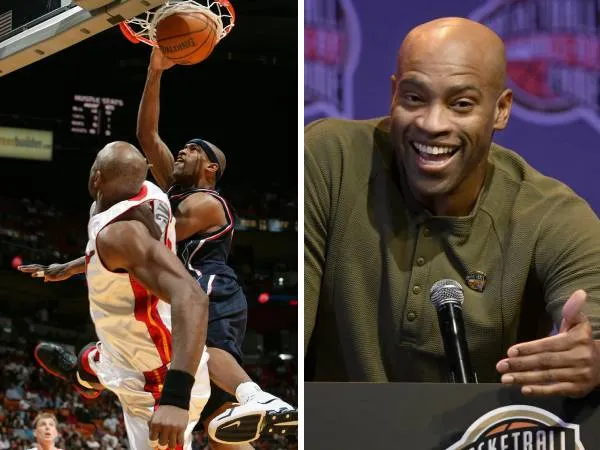 Vince Carter melakukan poster dunk terhadap Alonso Mourning (kiri) dan Vince Carter saat ini. (Foto: AP)