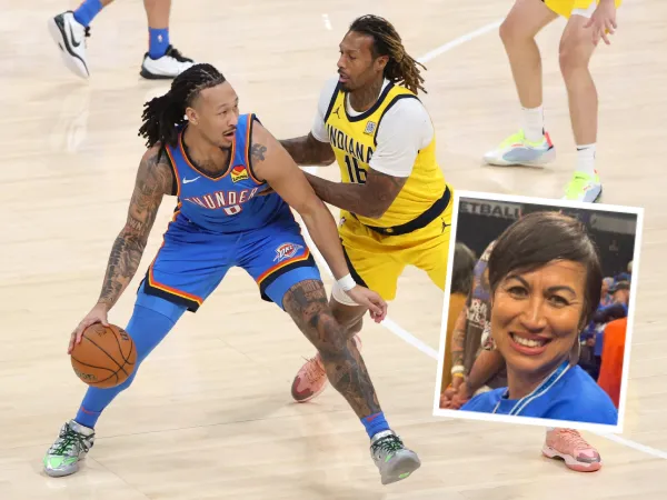 Meskipun waktunya di lapangan terbatas di playoff, Jaylin Williams mencetak tiga poin di akhir Game 2 Final. Inset: Ibunda Jaylin, Linda) (Foto: ESPN)