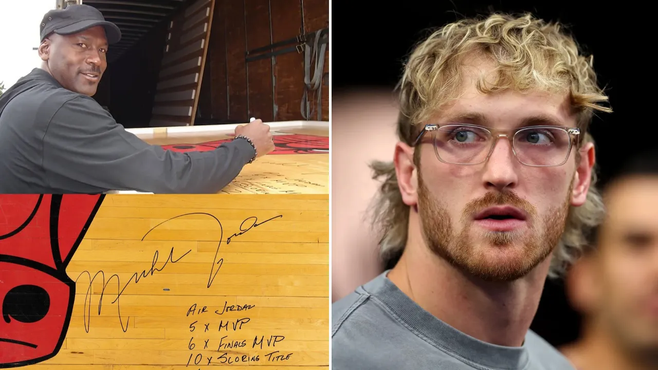 Logan Paul adalah pemenang lelang untuk potongan lantai bertanda tangan Michael Jordan tersebut, membayar $562.555,42 termasuk premi pembeli. (Foto: AP)