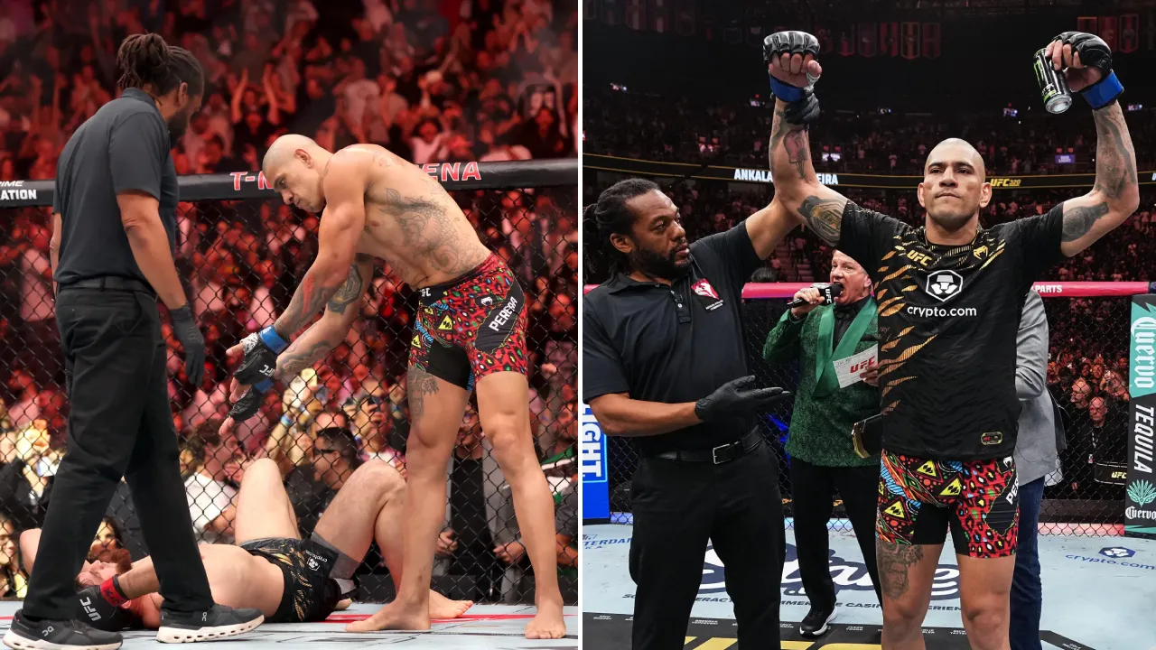 Alex Pereira melakukan gerakan “Chama” setelah meng-KO Magomed Ankalaev sebelum merayakan kemenangannya. (Foto: Fight TV)