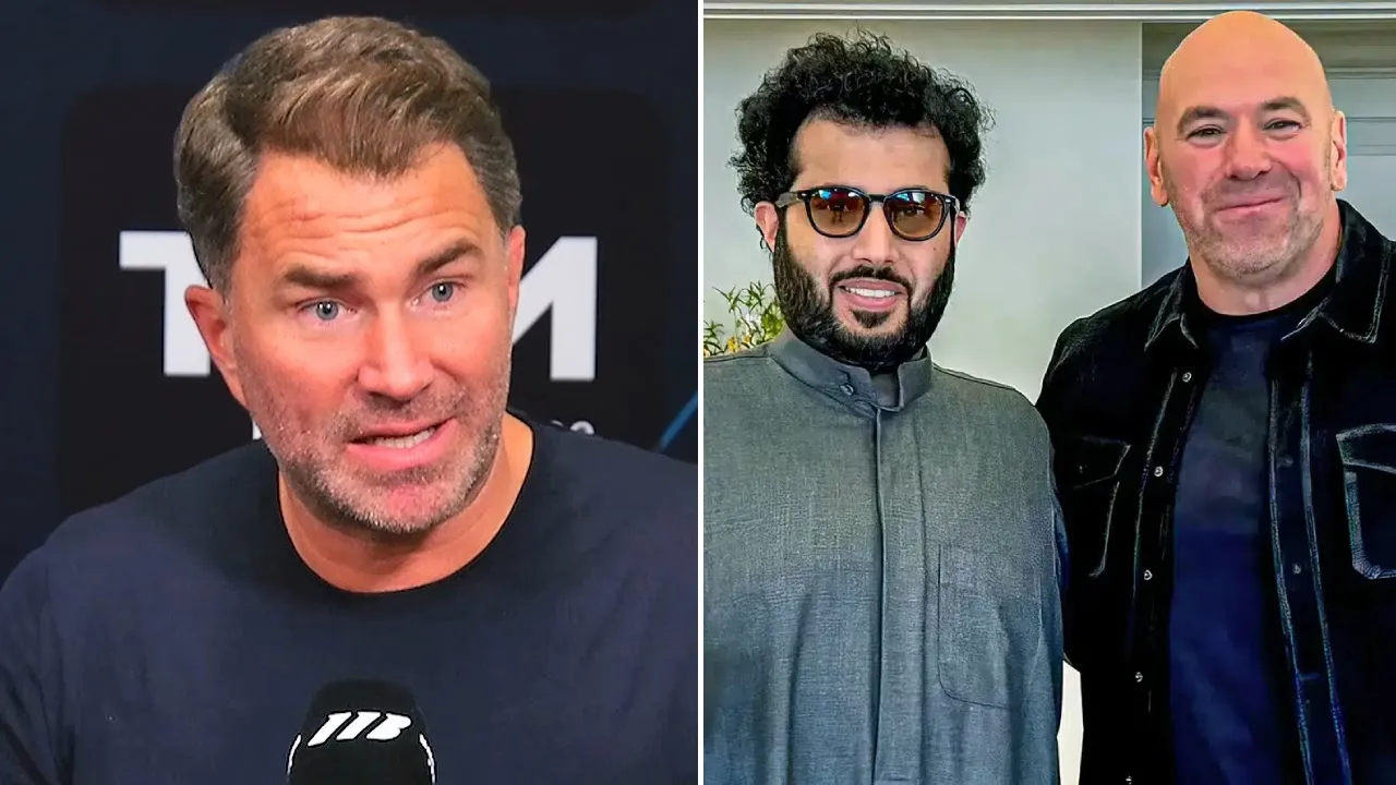 Eddie Hearn (kiri) dan Dana White yang berpose bersama Turki Alalshikh. (Foto: Fight TV)