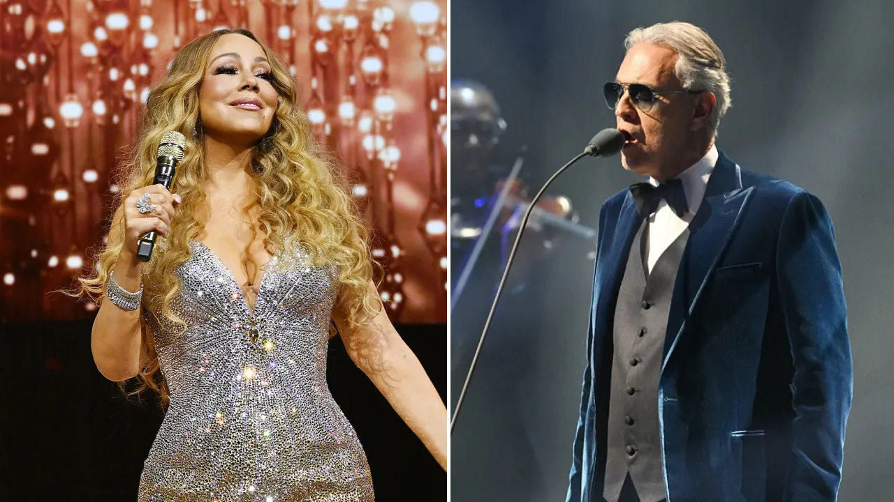 Andrea Bocelli (kanan) dan Mariah Carey akan memeriahkan upacara pembukaan Olimpiade Musim Dingin 2026 akan digelar pada 6 Februari di Stadion San Siro. (Foto: AP)