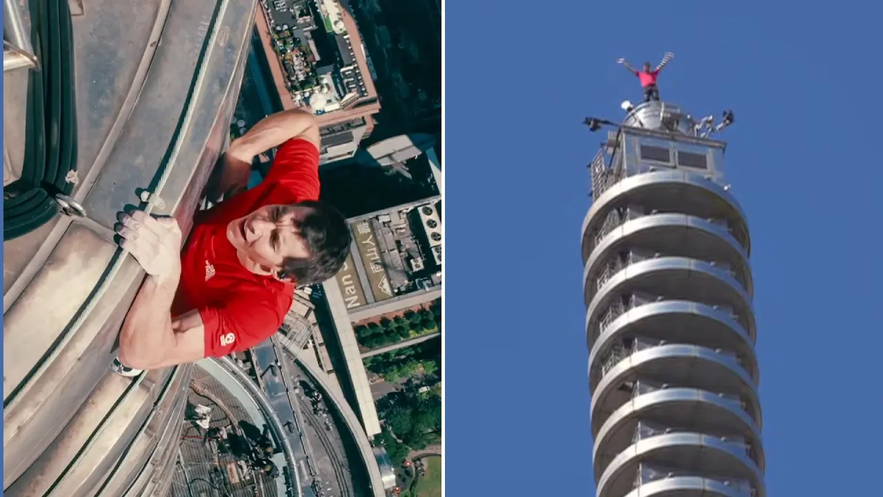 Momen Alex Honnold hampir mencapai puncak Gedung Taipei 101 sebelum kemudian merayakannya. (Foto: AP)