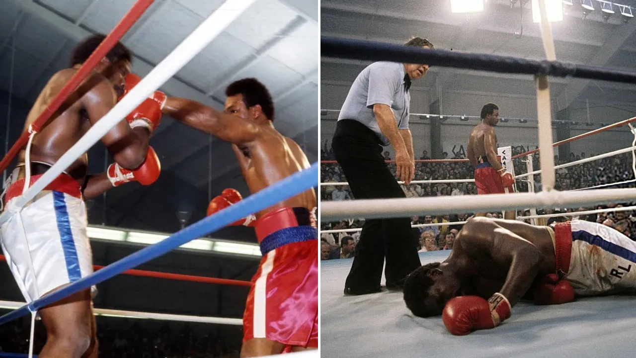 Di ronde kelima, George Foreman menghujani Ron Lyle tanpa ampun hingga lawannya ambruk dan wasit menghentikan laga. (Foto: Fight TV)