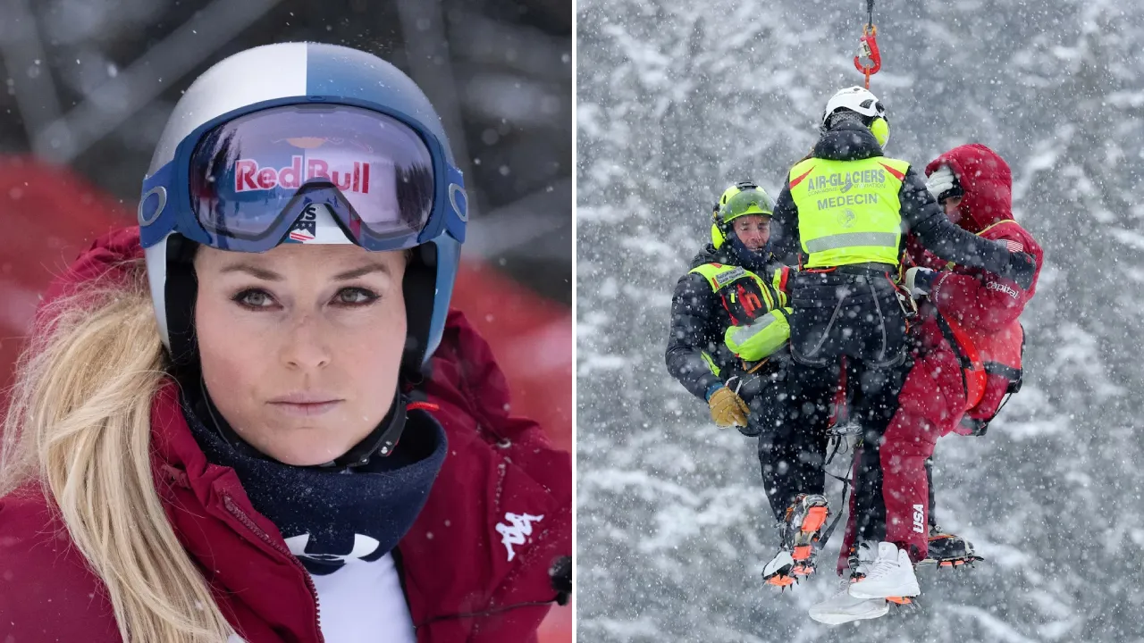 Usai balapan, Lindsey Vonn dibawa ke tenda medis sebelum dievakuasi dengan helikopter untuk pemeriksaan lanjutan. (Foto: AFP)