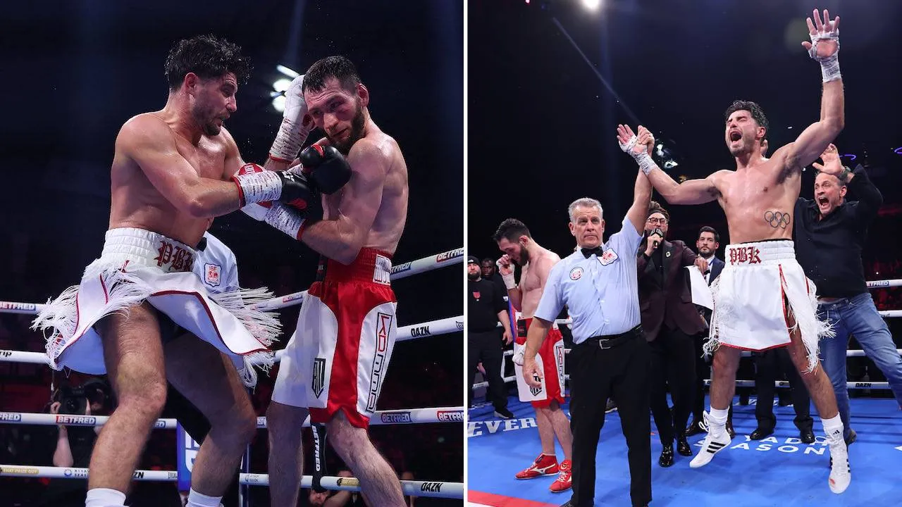 Josh Kelly (kanan) meluapkan kegembiraan saat dinyatakan sebagai pemenang duel melawan Bakhram Murtazaliev. (Foto: Fight TV)