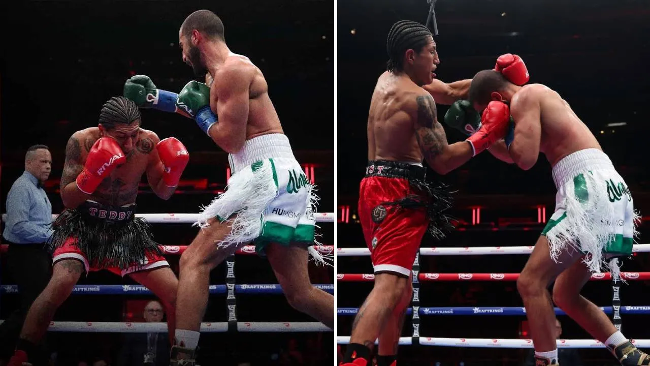 Sempat dijatuhkan di ronde pertama, Kevin Castillo (celana merah) bangkit untuk mempercundangi Ziyad Almaayouf. (Foto: Fight TV)