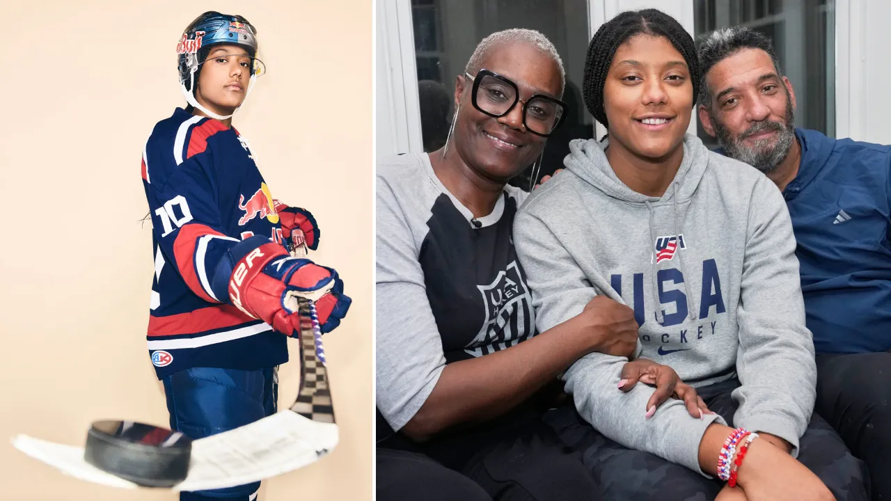 Laila Edwards mengenakan seragam hoki (kiri) dan berpose bersama kedua orangtuanya. (Foto: People)