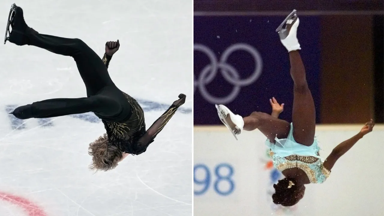 Ilia Malinin (kiri) dan Surya Bonaly sama-sama melakukan backflip di ajang Olimpiade Musim Dingin. (Foto: AP)