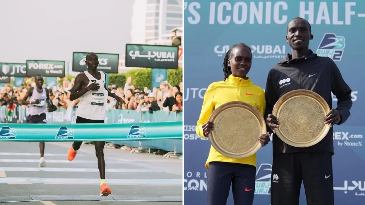 Joshua Cheptegei mencapai garis finis (kiri) dan berpose dengan Irine Cheptai yang menjuarai kategori putri. (Foto: AFP)