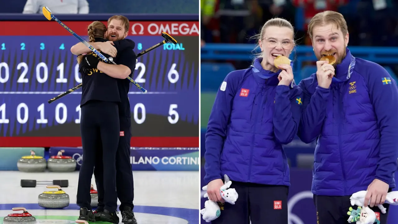 Tim curling Swedia Isabella dan Rasmus Wrana melakukan selebrasi setelah mengalahkan Cory Thiesse dan Korey Dropkin dari Amerika Serikat dengan skor tipis 6–5. (Foto: AP)