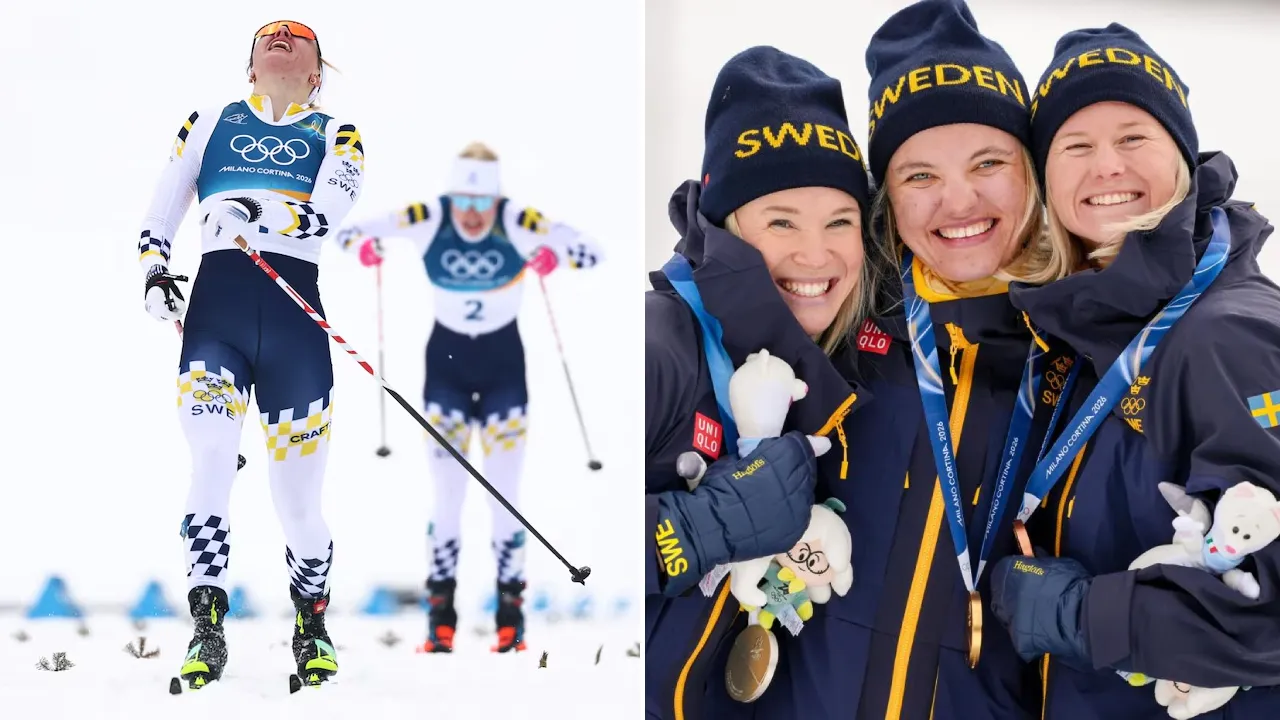 Linn Svahn, Jonna Sundling dan Maja Dahlqvist mencatat salah satu momen paling menonjol bagi Swedia di Olimpiade Milan-Cortina 2026. (Foto: AP)