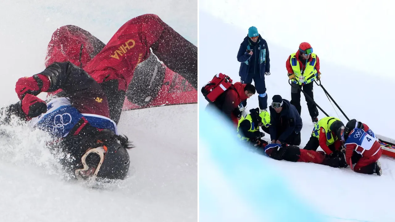 Tubuh Liu Jiayu terlipat ke belakang seperti seekor kalajengking atau “Scorpion” dalam istilah snowboard. (Foto: AP)