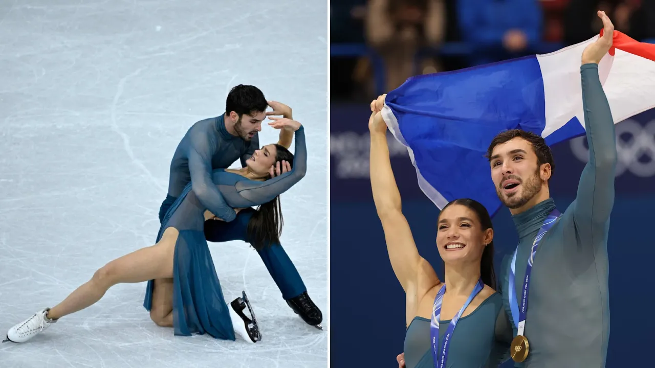 Laurence Fournier Beaudry dan Guillaume Cizeron memperoleh total 225,82 poin untuk merebut emas nomor dansa es di Olimpiade 2026. (Foto: AP)