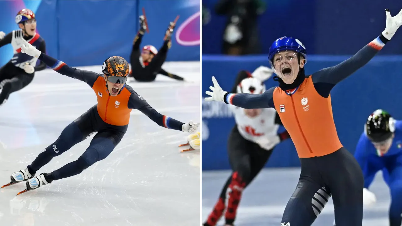 Xandra Velzeboer (kanan) dan Jens van 't Wout masing-masing meraih medali emas di nomor 500 meter putri dan 1.000 meter putra. (Foto: AP)
