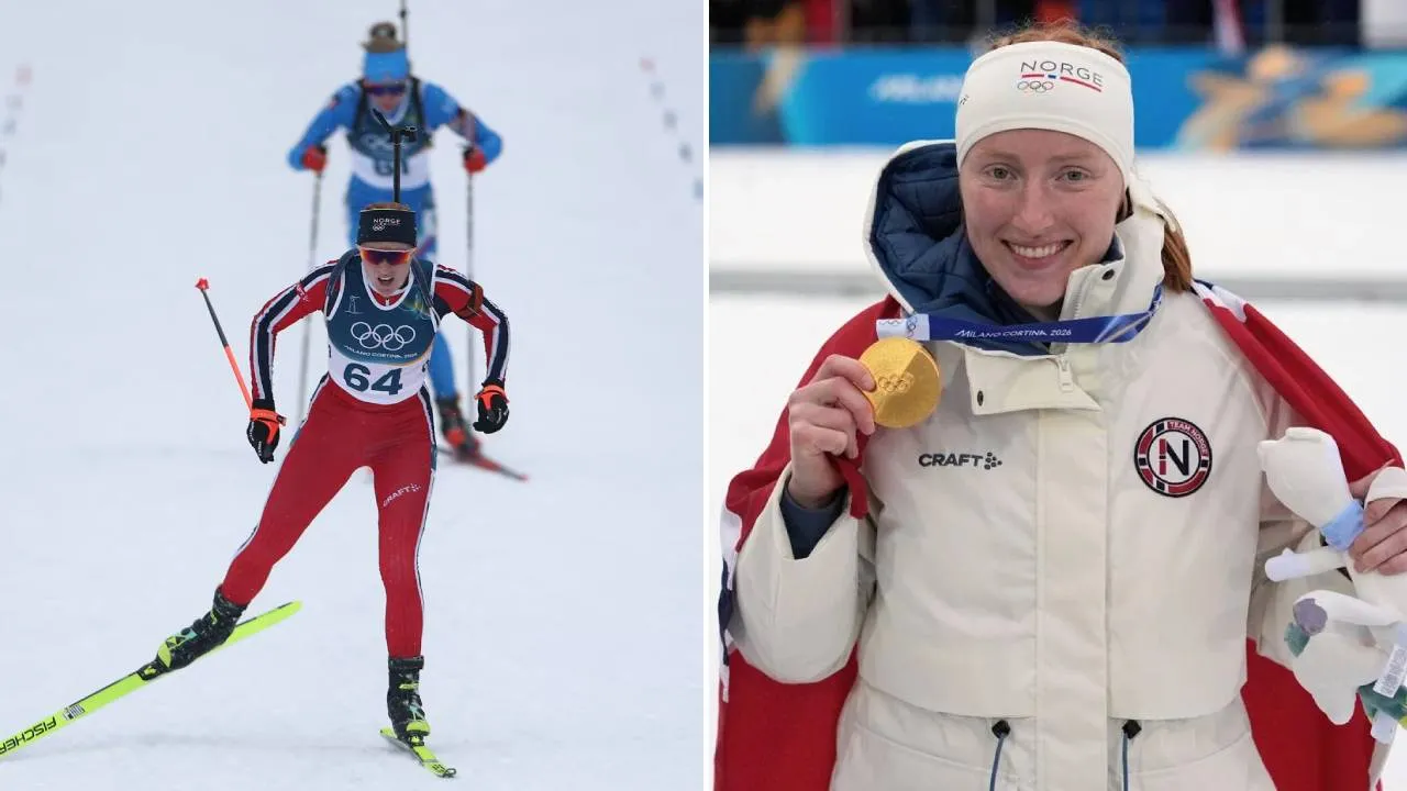 Maren Kirkeeide mencatat waktu 20 menit 40,8 detik setelah tampil solid di lintasan ski dan lapangan tembak. (Foto: AP)