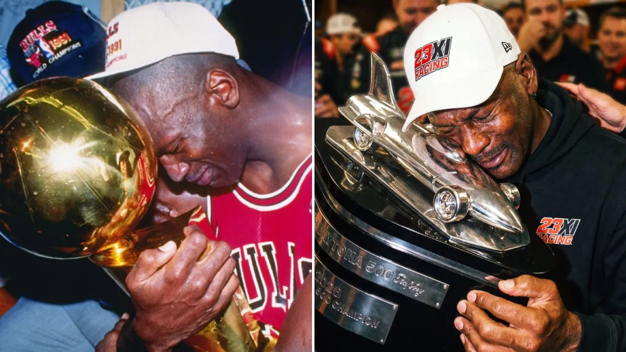 Michael Jordan memeluk trofi Harley J. Earl sebagai pemilik tim NASCAR (kanan) dan memeluk trofi Larry O’Brien saat menjadi juara NBA bersama Chicago Bulls. (Foto: AP)