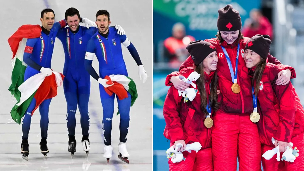 Tim putra Italia (kiri) dan tim putri Kanada melakukan selebrasi setelah memenangi kategori mereka di nomor team pursuit speed skating di Milan-Cortina. (Foto: AP)