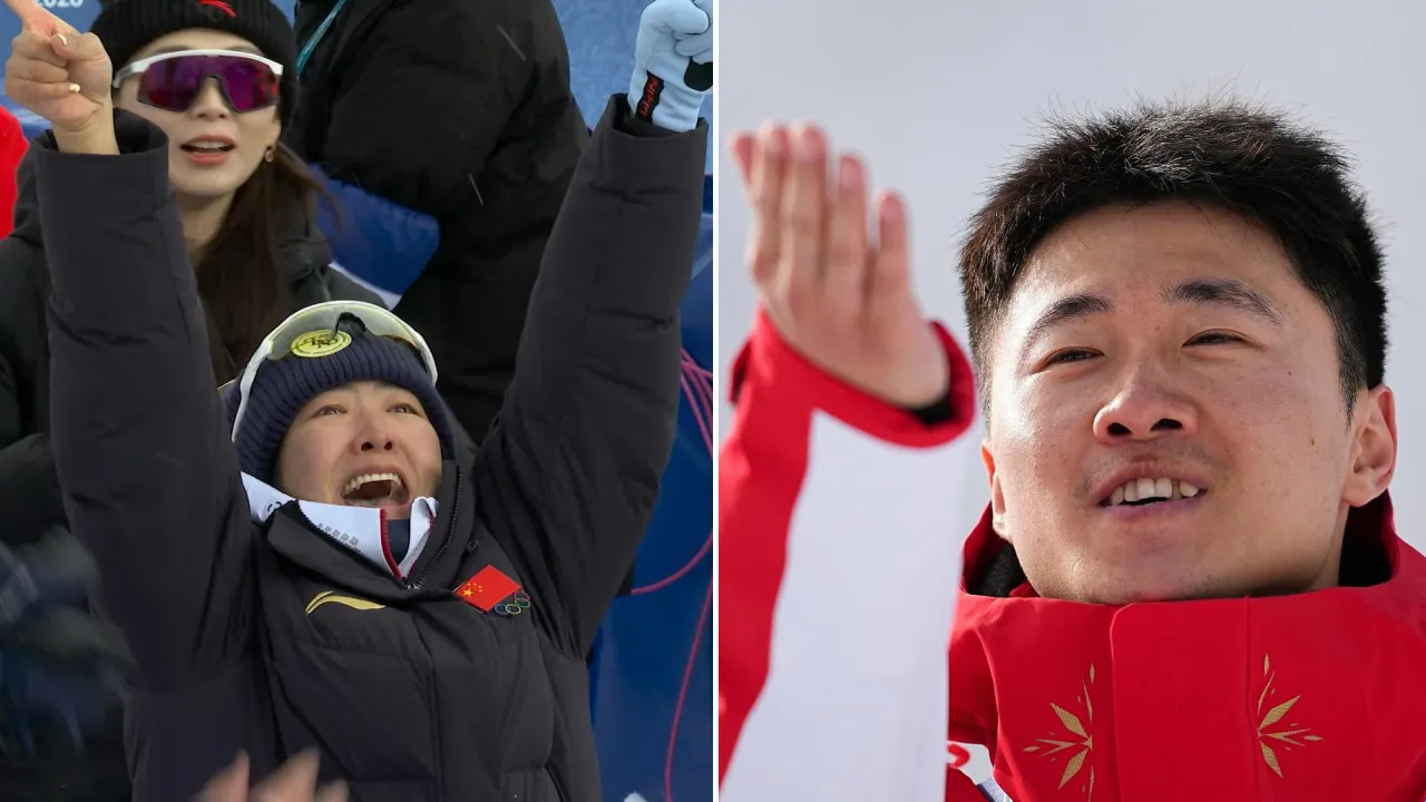 Xu Mengtao (kiri) bersorak gembira setelah sang suami Wang Xindi memenangi nomor individu ski gaya bebas aerials putra di Olimpiade Musim Dingin 2026. (Foto: AP)