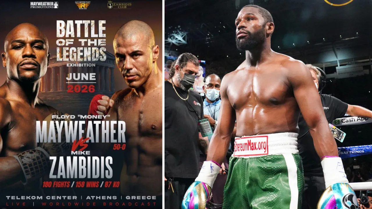 Floyd Mayweather Jr akan tampil dalam laga ekshibisi menghadapi Zambidis pada Juni 2026 di Athena, Yunani. (Foto: Fight TV)