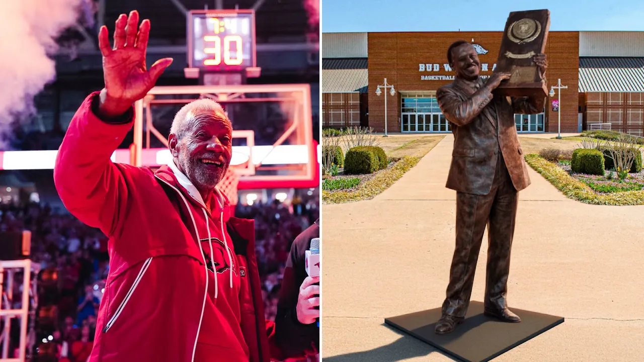Nolan Richardson membalas sambutan penonton saat pengumuman pembuatan patung dirinya di luar Bud Walton Arena. (Foto: AP)