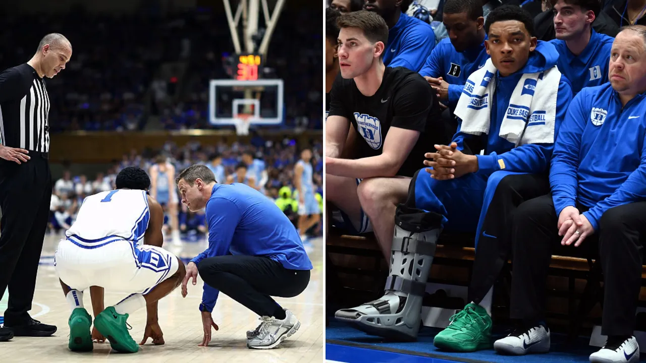 Caleb Foster mengalami cedera di paruh pertama pertandingan lawan North Carolina sebelum ditarik dan duduk di bangku cadangan dengan pelindung kaki. (Foto: AP)