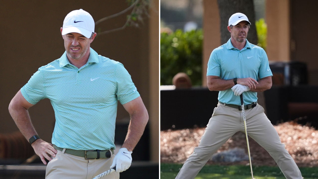Rory McIlroy terlihat beberapa kali berhenti untuk melakukan peregangan di sekitar area latihan di TPC Sawgrass pada Rabu (11/3) sore. (Foto: Golf Diest)