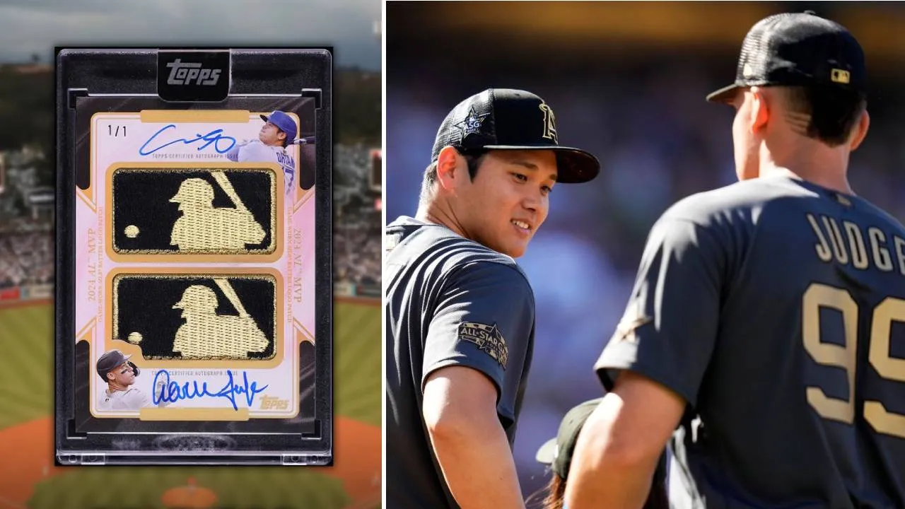 Kartu 2025 Topps Chrome dual MVP gold Logoman tersebut memuat potongan patch jersey pertandingan milik Aaron Judge dan Shohei Ohtani, bernomor 1-of-1. (Foto: AP)