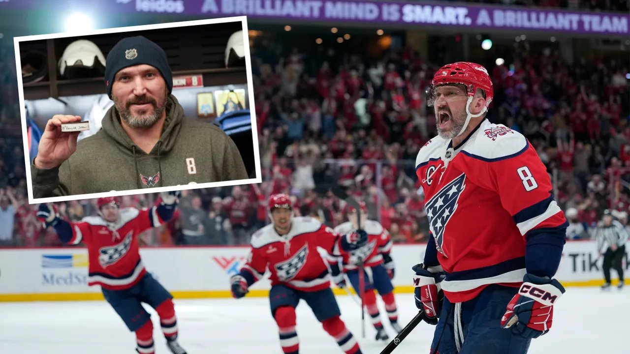 Alex Ovechkin melakukan selebrasi setelah mencetak gol ke gawang Colorado Avalanche. (Insert: Berpose dengan puck gol ke-1.000). (Foto: AP)