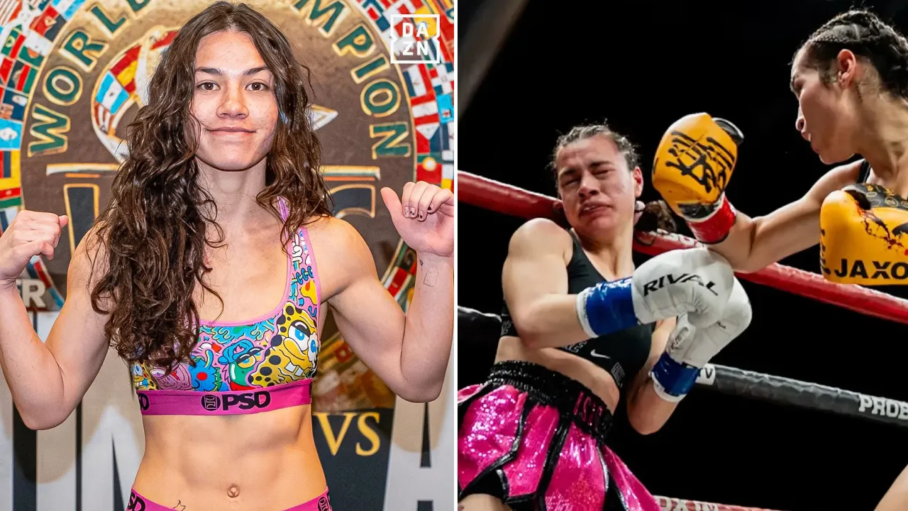 Isis Sio berpose saat acara timbang badan (kiri) dan saat ditumbangkan oleh Jocelyn Camarillo. (Foto: Fight TV)