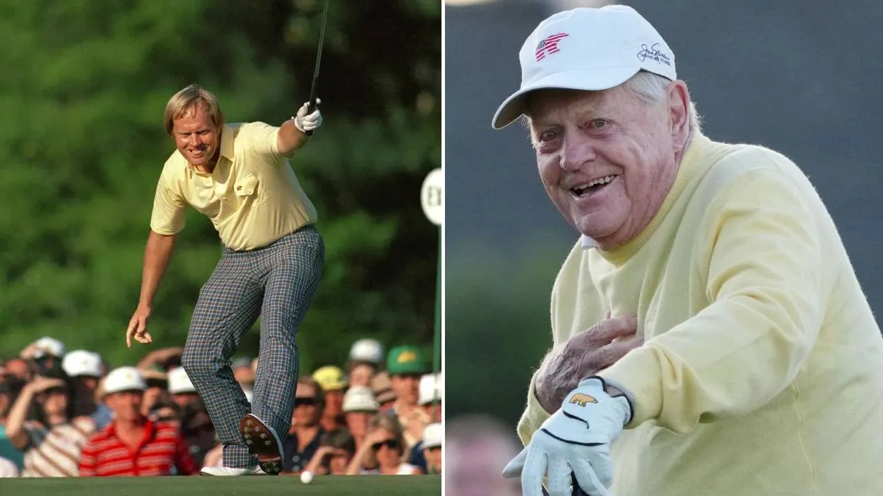 Jack Nicklaus melakukan selebrasi di Masters 1986 (kiri) dan bereaksi saat melakukan pukulan seremonial di Masters 2026. (Foto: Golf Digest)