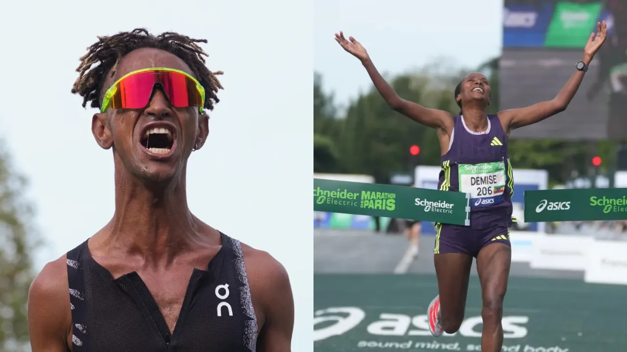 Yemaneberhan Crippa (kiri) dan Shure Demise melakukan selebrasi setelah melewati garis finis Paris Marathon 2026. (Foto: AP)