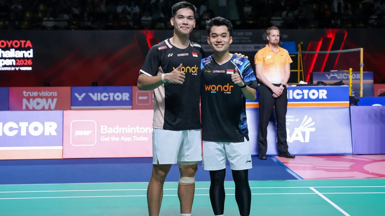 Leo Rolly Carnando sumringah bisa tembus babak final Thailand Open 2026 bersama Daniel Marthin.