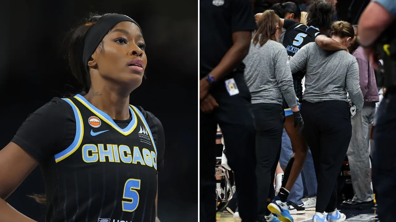 Rickea Jackson mengalami cedera pada kuarter kedua saat mencoba melakukan drive ke arah ring dan kemudian harus meninggalkan pertandingan dengan bantuan staf. (Foto: AP)